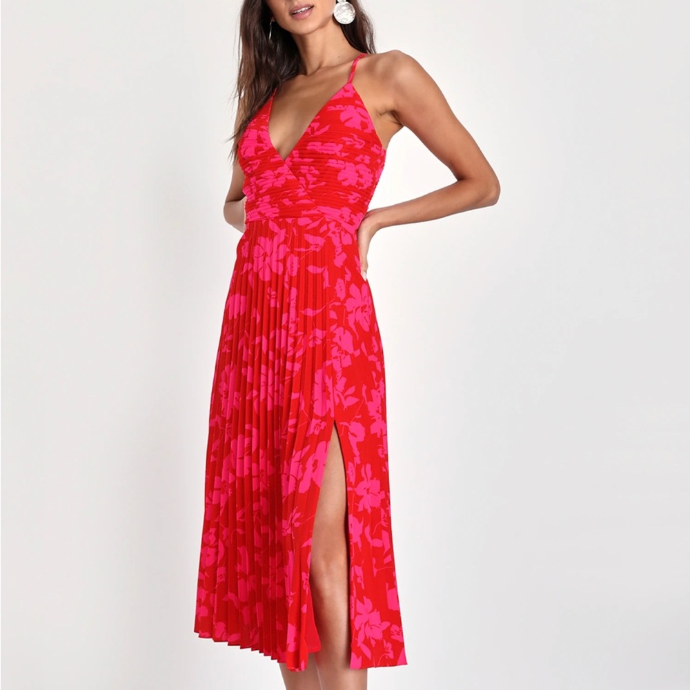 Vibrant Moment Red and Pink Floral Pleated Lace-Up Midi Dress